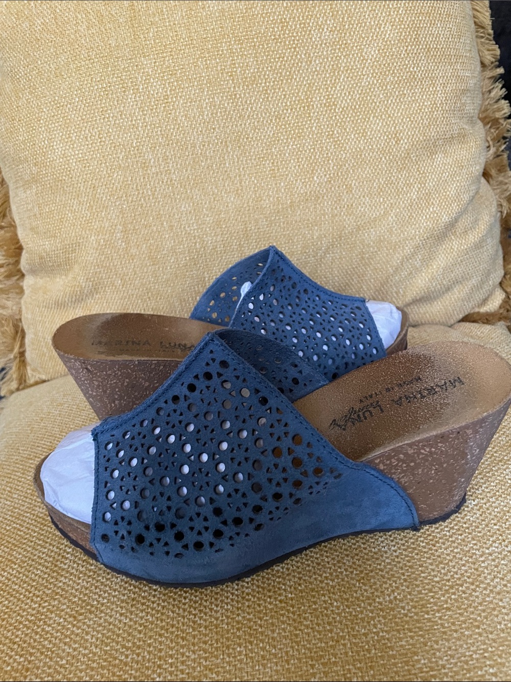 Marina Luna Navy Laser-Cut Suede Wedge Slides